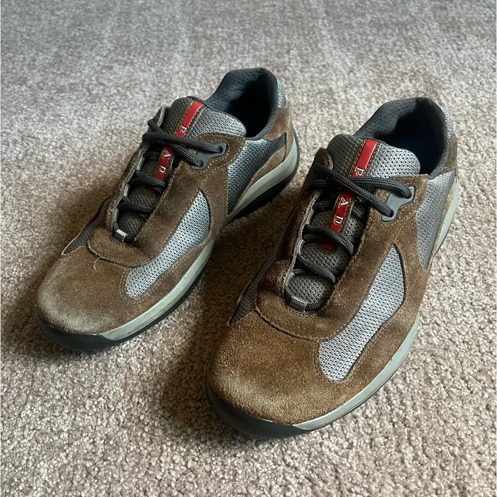 VTG 00s / Y2K Prada Americas Cup Brown Suede Leather Sneakers - Picture 2 of 7